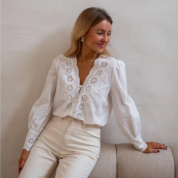 Embroidered Hollowed Out Eyelett Neckline Button Up Blouse with Balloon Sleeves - Picture 6 of 6